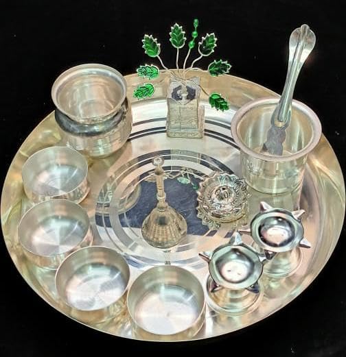 German Silver Pooja thali Combo Set for Diwali Festival, Wedding, karwachauth